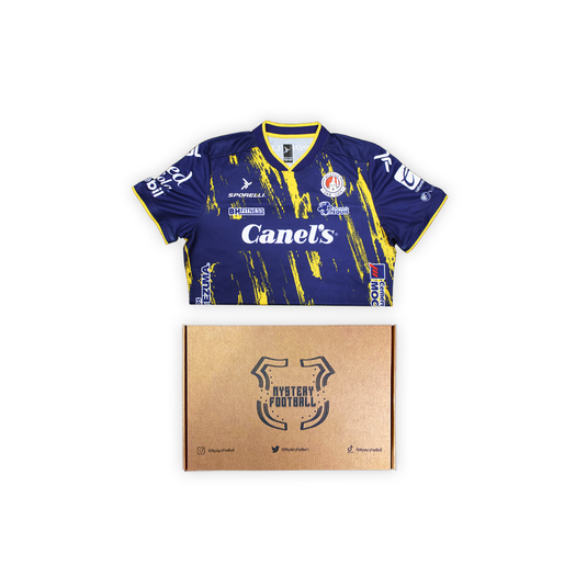 blue and yellow football shirt with box