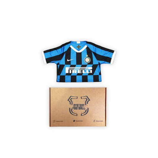 blue & black striped football shirt with box