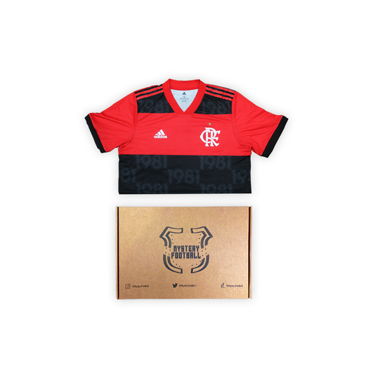 red and black football shirt with box
