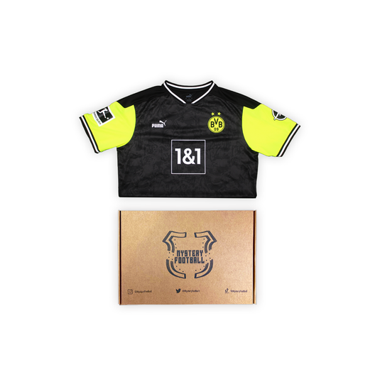 black and yellow football shirt with box