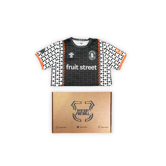 black and white football shirt with box